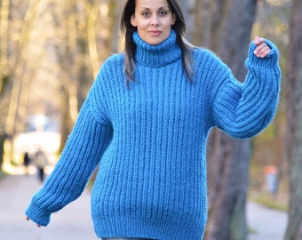 Turtleneck Sweater, Wool Pullover, Blue Ribbed Soft Hand Knitted Jumper by Extravagantza