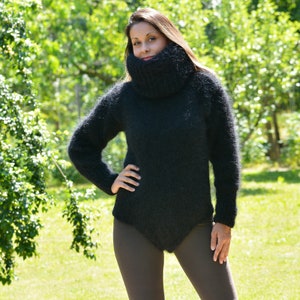 Designer Sweater, Hand Knitted, Mohair Bodysuit, Black Sweater, Fuzzy Pullover, Long Turtleneck Sweater, EXTRAVAGANTZA