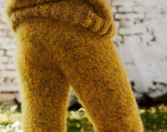 Ontwerper gebreide Mohair Merino broek, gele beenwarmers, fuzzy handgebreide effen legging, fetish broek van Extravagantza * KLAAR om te verzenden *