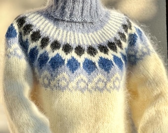 Jersey islandés de mohair tejido a mano, unisex, blanco - gris, estilo nórdico Fair Isle, cuello alto, regalo para él/ella - S/M