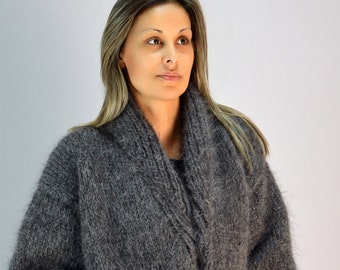 Hand Knitted Mohair Cardigan, Shawl collar Jacket, Dark Grey mix Thick Fuzzy Coat with Pockets, Fluffy Men's Sweater by EXYTAVAGANTZA