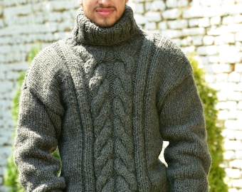 Designer Hand Knitted Wool Sweater, Gray Chunky Jumper, Cable knit Turtleneck, Grey Men Wool Pullover by Extravagantza, READY to SHIP