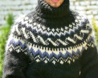 Hand Knitted Mohair Sweater Icelandic Norwegian Black Fuzzy Turtleneck Jumper Nordic Pullover Jersey by EXTRAVAGANTZA