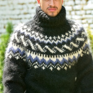 Hand Knitted Mohair Sweater Icelandic Norwegian Black Fuzzy Turtleneck Jumper Nordic Pullover Jersey by EXTRAVAGANTZA