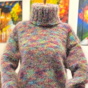 Hand Knitted Mohair Sweater, Rainbow Fuzzy Turtleneck Jumper,Soft Pullover Jersey by Extravagantza, READY to SHIP