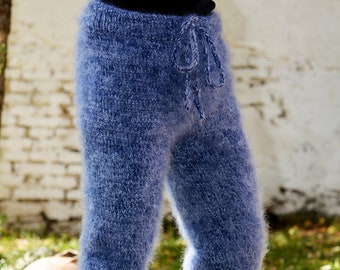 Ontwerper hand gebreide mohair broek, blauwe beenwarmers, fuzzy unisex hand gebreide effen legging, mannen fetish boho broek door extravagantza