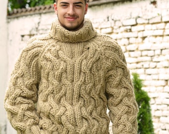 Thick Cable Hand Knit 100% WOOL Turtleneck Sweater Light Beige Fuzzy Jumper Jersey by Extravagantza