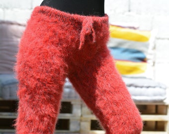 Ontwerper Hand gebreide Mohair broek, rode beenwarmers, effen joggingbroek, pluizige legging, fetish trackpants Boho broek, klaar om te verzenden