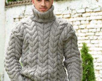 Hand Knitted Wool Sweater, Designer Men Thick Cable Light Grey Turtleneck Jumper, Gray Men Jersey by Extravagantza