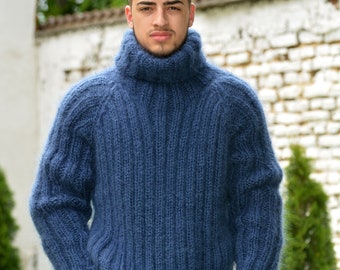 Hand Knitted Mohair Sweater,  Ribbed Navy Blue Designer Turtleneck, Fuzzy Jumper, Blue Men Pullover by Extravagantza - READY to SHIP