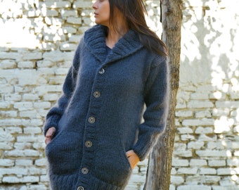 Mohair Cardigan, Hand Knit Shawl neck Dark Grey Jacket, Thick Fuzzy Coat Fluffy Sweater with 2 pockets by Extravagantza