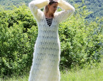 Designer Hand Knitted Mohair Dress, Long White Fetish Jersey, Fuzzy Crew neck Gown,Mohair Crochet Wedding Dress by EXTRAVAGANTZA