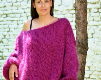 Hand Knit Oversize Mohair Sweater, Chunky Off - Shoulder Fuchsia Boat neck Jumper, Women Slouchy Purple Jersey, Knitwear for her