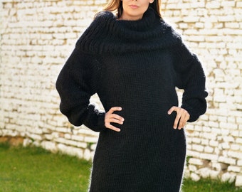 Hand Knitted Mohair Turtleneck Dress, Long Fuzzy Black Fluffy Sweater, Cowl Neck Gown by Extravagantza