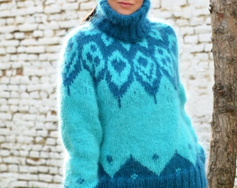 Norwegian Sweater, Hand Knitted Mohair Icelandic Pullover, Blue Fuzzy Turtleneck Jumper Jersey by EXTRAVAGANTZA