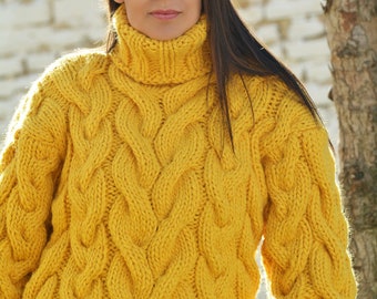 Wool Sweater, Turtleneck pullover, Designer Cable Hand Knitted 100% Bright Yellow Fuzzy Jumper by Extravagantza