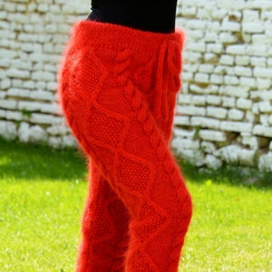 Hand Knitted Cable Mohair Pants, RED Legwarmers, Fetish Trousers, Leggings by Extravagantza image 1