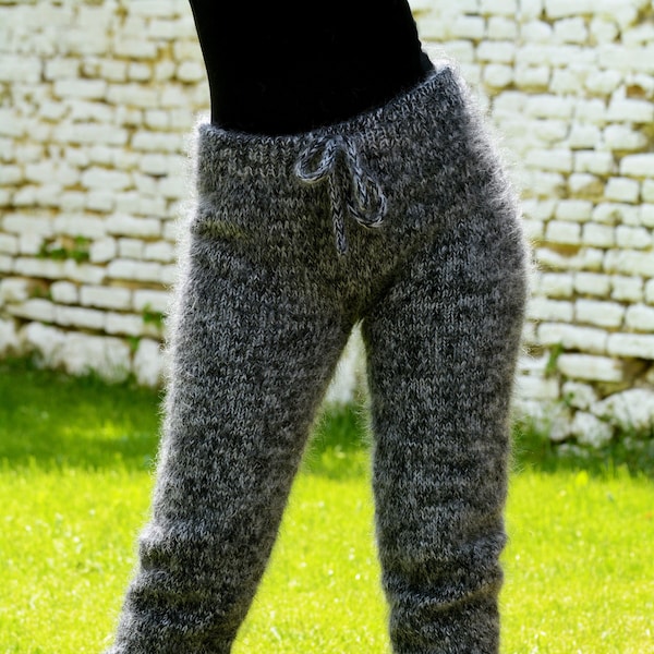 Handgestrickter Designer-Pullover aus Mohair-Hosen, schwarzer Mix, weiche Beinwärmer, Jogger, Fuzzy-Leggings, auf Bestellung gefertigt