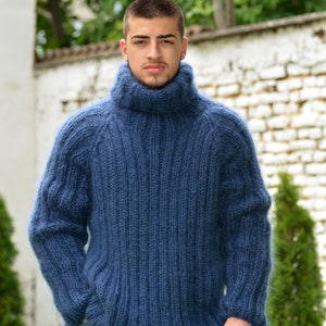 Hand Knitted Mohair Sweater, Ribbed Navy Blue Designer Turtleneck, Fuzzy Jumper, Blue Men Pullover by Extravagantza READY to SHIP image 1