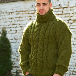 Designer Hand Knitted Wool Sweater, Chunky Jumper, Cable knit Turtleneck, Green Unisex Wool Pullover by Extravagantza