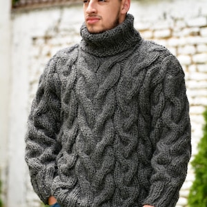 Hand Knitted Wool Sweater, Cable Handmade pullover, Turtleneck Dark Gray Chunky Jumper, Thick Jersey by Extravagantza