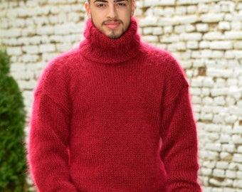 Designer Hand Knitted Mohair Wool Sweater Touch of Red Soft Turtleneck Jumper Grey Pullover Jersey by EXTRAVAGANTZA