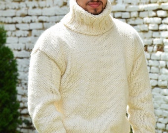 Hand Knitted pure Wool Sweater Denim White Soft Turtleneck Jumper Pullover Jersey by EXTRAVAGANTZA