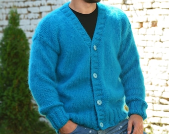 Blue Mohair Cardigan Long Sweater Jacket Designer Knitted Coat