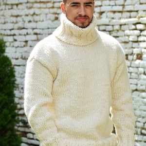 Hand Knitted pure Wool Sweater Denim White Soft Turtleneck Jumper Pullover Jersey by EXTRAVAGANTZA