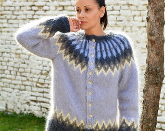 Hand Knitted Icelandic Cardigan, Designer Fluffy Nordic Jumper, Mohair Crew-neck, Winter Women Coat, Fair Isle men Sweater