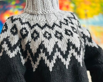 Designer Hand Knit Wool Icelandic Sweater, Norwegian Pullover, Soft Turtleneck Men Black Jersey, Birthday Gift for her/him , READY to SHIP