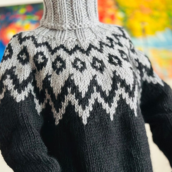 Handgestrickter isländischer Designer-Pullover aus Wolle, norwegischer Pullover, weicher Rollkragenpullover für Herren in schwarzem Jersey, Geburtstagsgeschenk für Sie/Ihn, VERSANDFERTIG