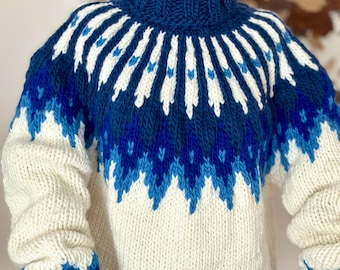 Nordic Wool Sweater Turtleneck, Hand Knit Blue Icelandic Fair Isle Jumper, Cozy Unisex Gift