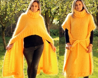 Ontwerper Hand Gebreide Mohair Poncho, Deken Trui, Coltrui Gele Wrap Overjas, Boho Lady's Cape door Extravagantza