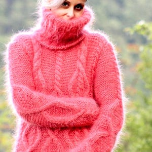 Hand Knitted Mohair Dress Coral Fuzzy Fetish Jersey Massive Turtleneck Long Sweater by EXTRAVAGANTZA Made to Order
