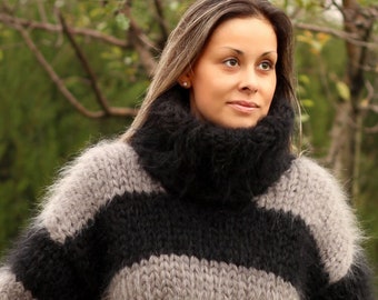 Thick Sweater, Hand Knit Mohair Pullover, Black Gray Stripes  Chunky 10 Strands Fuzzy Winter Man Woman Jumper by Extravagantza