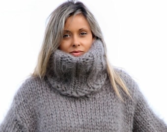 Hand Knit Mohair Sweater Gray Thick Turtleneck Jumper 10 strands Pullover by EXTRAVAGANTZA