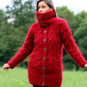 Hand Knit Mohair Cardigan Turtleneck Red Thick Fuzzy Coat Fluffy Cable Mix Sweater Jacket by Extravagantza image 1