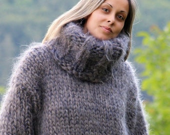 Hand Knitted Mohair Sweater with Turtleneck, Soft Jumper, Gray Mohair Pullover, Winter Sweater, Ski Outfit, Chunky Sweater by EXTRAVAGANTZA