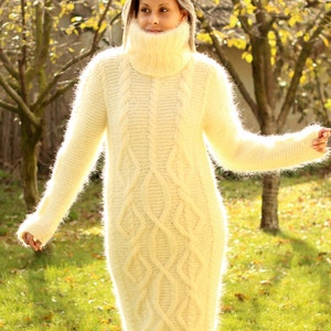 Hand Knitted Mohair Dress Off White Fuzzy Fetish Jersey Massive Turtleneck Long Sweater by EXTRAVAGANTZA Made to Order