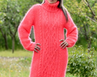 Mohair Dress, Hand Knitted Jersey, Cable Turtleneck jumper sweater by EZTRAVAGANTZA