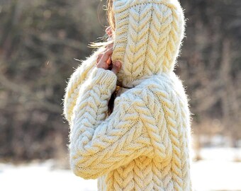 Hand Knit Wool Sweater, Cable White Fuzzy Hooded Jumper Pullover Jersey by Extravagantza