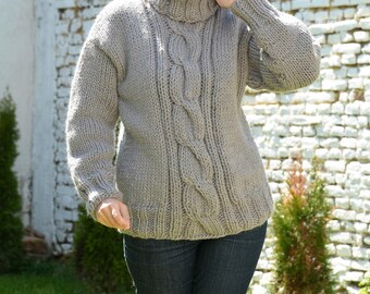 Designer Hand Knitted Wool Sweater Light Grey Thick Cable Turtleneck Jumper Gray Jersey by Extravagantza