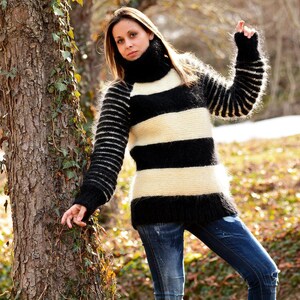 Hand Knit Mohair Sweater black White Stripes Fuzzy Turtleneck Jumper Pullover Jersey by EXTRAVAGANTZA