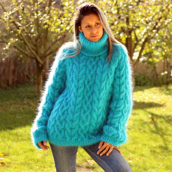 Hand Knit Mohair Sweater Cable Turquoise Fuzzy Turtleneck | Etsy