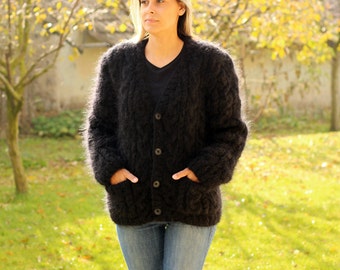 Mohair Cardigan, BLACK Cable Coat, Hand Knit Jumper, Fuzzy Jacket Sweater with 2 pockets by Extravagantza