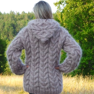 Extra Thick Hand Knitted Sweater, Gray Mohair Knitwear, Fuzzy Winter Jumper, Warm Hooded MADE to ORDER Cable Knit Hoodie image 5