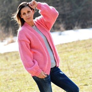 Designer Hand Knitted 100% Wool Cardigan Oversize Pink Designer Slouchy Coat Sweater Wrap by EXTRAVAGANTZA