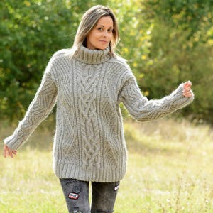 Hand Knit Wool Sweater, Grey Soft Turtleneneck Cable Jumper, Pullover Jersey by EXTRAVAGANTZA