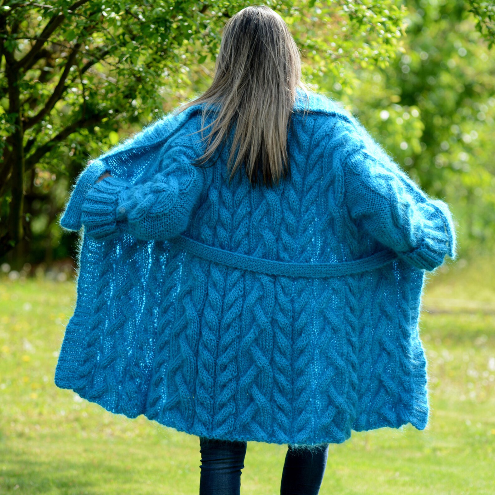 MADE to ORDER Hand Knit Mohair Shawl Coat Cardigan Turquoise Fuzzy Sweater Jacket by